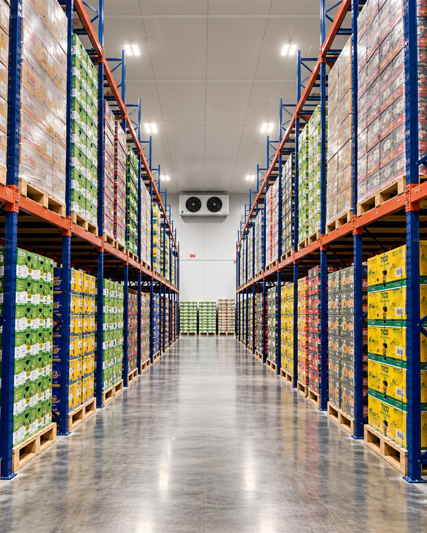 Tarimas de productos frescos a lo largo del pasillo de almacenamiento en frío de South Point