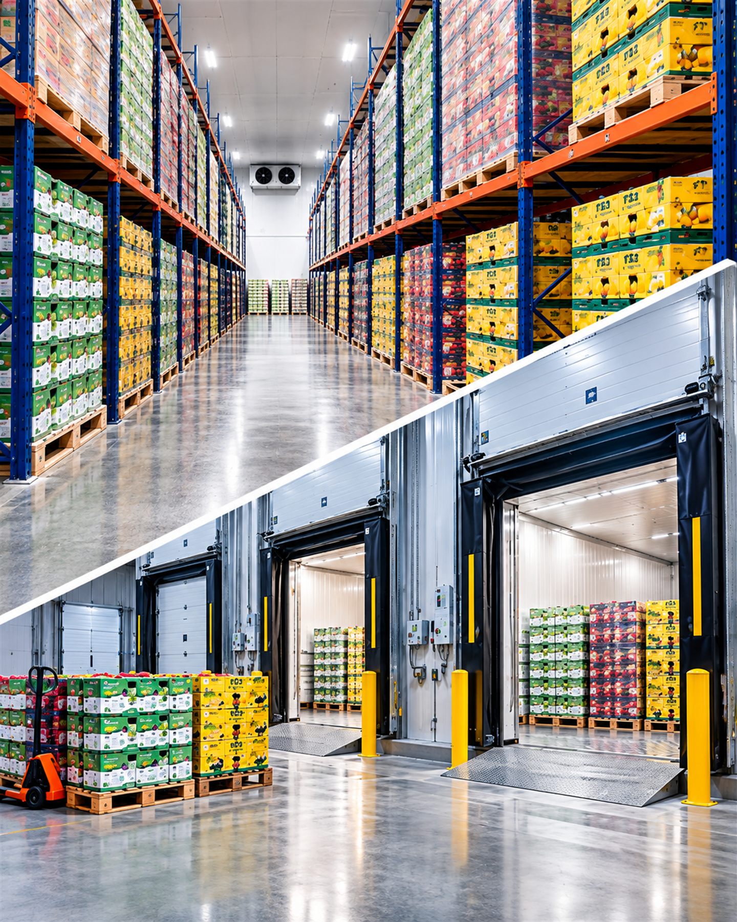 The South Point racked cold aisle above the loading dock doors, with palletized produce staged for dispatch